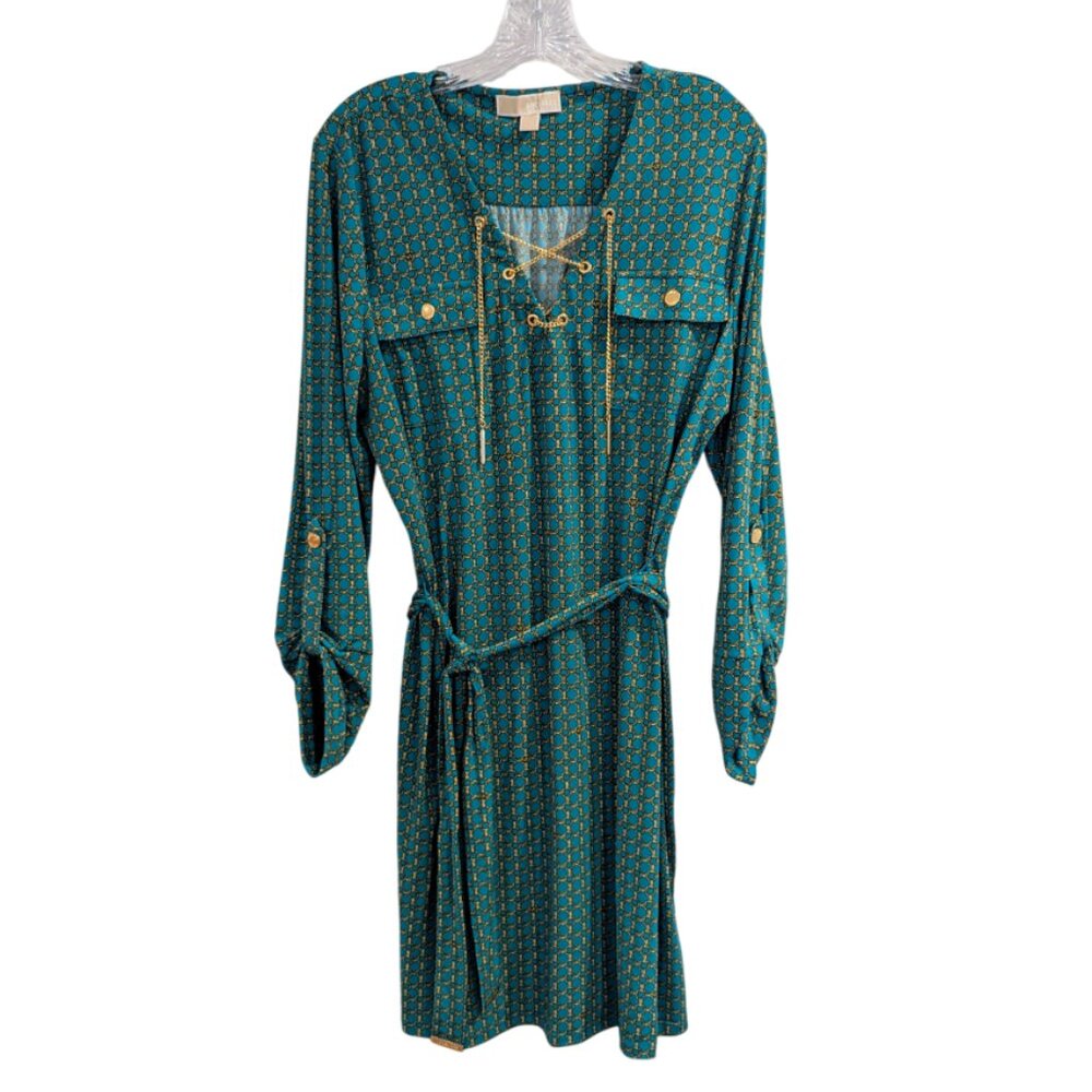 MICHAEL Michael Kors Chain Dress XL Turquoise Gold MK Logo Mob Wife
